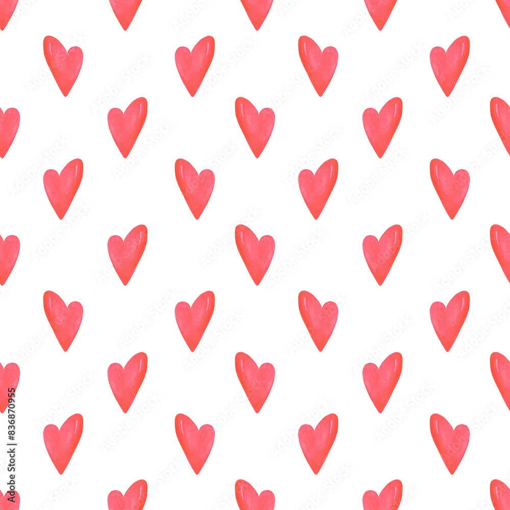 Hand drawn watercolor valentine seamless pattern with simple hearts isolated on white background. Can be used for textile, fabric, wrapping paper and other printed products. Hand drawn watercolor valentine seamless pattern with simple hearts isolated on white background. Can be used for textile, fabric, wrapping paper and other printed products.