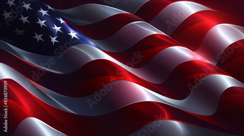 Waving American flag with vibrant colors and lighting effects, symbolizing patriotism, freedom, and national pride. photo