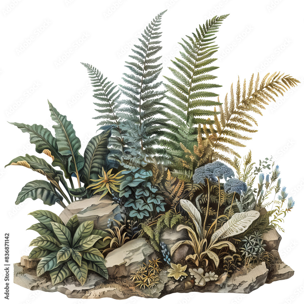 Fototapeta premium A lush arrangement of various green plants and flowers, depicting a natural and serene garden scene.