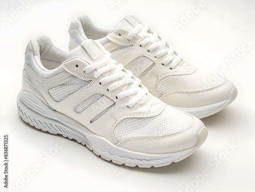 A pair of white athletic sneakers on plain background showcasing minimalist design and comfort features © Ratchadaporn