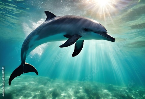a large dolphin swimming in the ocean under water light, with the sun shining from photo