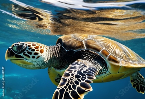 AI generated illustration of a turtle swimming and feeding in the water photo