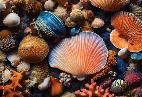 AI generated illustration of various seashells exhibited for display photo