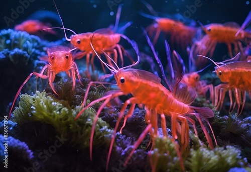 AI generated illustration of shrimp on coral glowing in purple light atop oceanweed photo