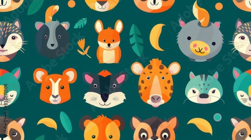 A vibrant pattern featuring varied cartoon animal faces interspersed with foliage, creating a cheerful and child-friendly design suitable for various applications