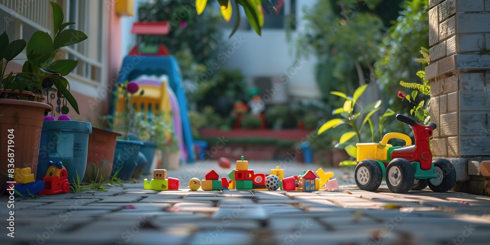 A pile of blocks and a toy truck are on a brick walkway. The blocks are scattered around the truck, and the truck is positioned in the middle of the scene. Scene is playful and casual