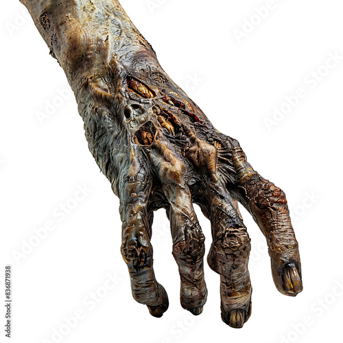 Close-up of a detailed, decayed zombie hand against a transparent background. Perfect for Halloween and horror-themed designs.