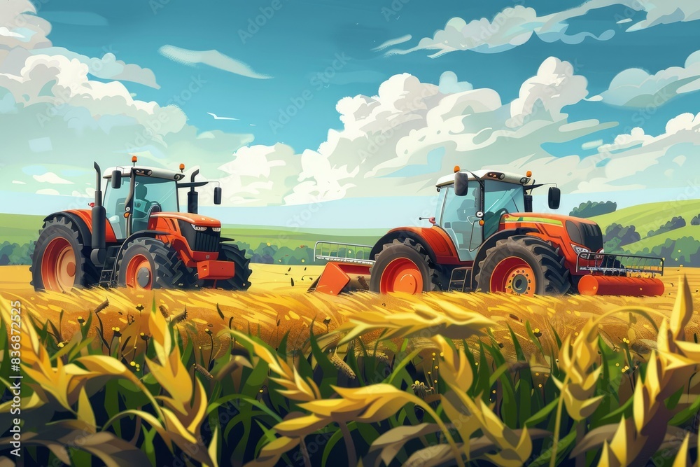 Obraz premium Illustration of two advanced tractors working on a vibrant wheat farm under a clear sky