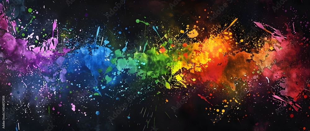 Explosive Burst of Prismatic Hues in Gestural Paint Splash Effect against Moody Dark Background Explosive Burst of Prismatic Hues in Gestural Paint Splash Effect against Moody Dark Background