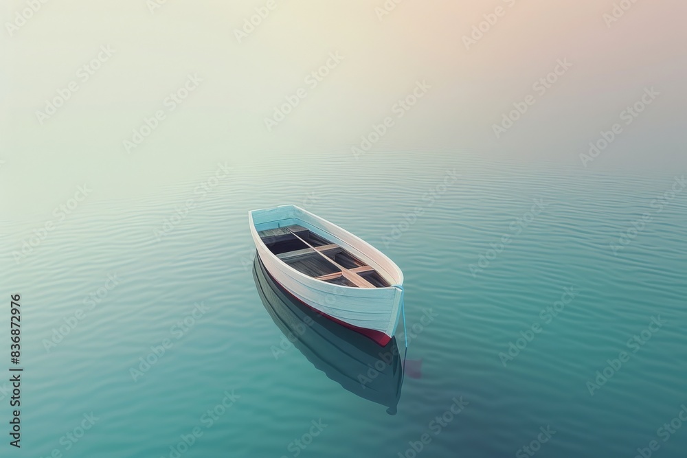 A serene image of a solitary wooden rowboat floating on calm, clear water with a soft gradient sky in the background. A serene image of a solitary wooden rowboat floating on calm, clear water with a soft gradient sky in the background.