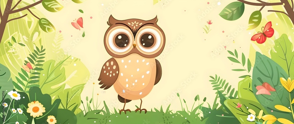 Joyful Owl in Whimsical Garden Frame with Blank Space for Greeting Card or Invitation Background Joyful Owl in Whimsical Garden Frame with Blank Space for Greeting Card or Invitation Background