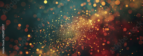 Mesmerizing abstract image featuring shimmering particles in teal and gold hues. Bokeh effect creates a sense of depth and magic, making it perfect for festive or elegant designs