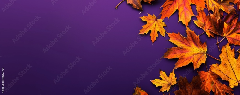 Autumn leaves on purple background. Horizontal banner and web poster and header for website with space for text Autumn leaves on purple background. Horizontal banner and web poster and header for website with space for text