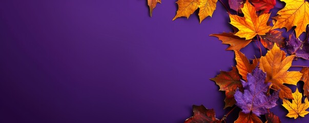 Autumn leaves on purple background. Horizontal banner and web poster and header for website with space for text