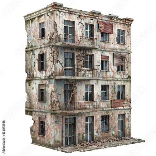 Old abandoned building with broken windows, crumbling walls, and weathered exterior depicting urban decay and neglect. © PTC_KICKCAT