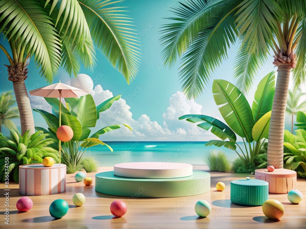 Obraz premium Tropical Round Podium for Product Display with Palm Trees and Beach Background - Perfect for Summer, Vacation, and Nature-Themed Presentations