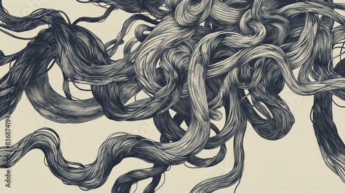 The image is a black and white drawing of a tangled mass of hair, the concept showing messing human thoughts when anxiety or stress