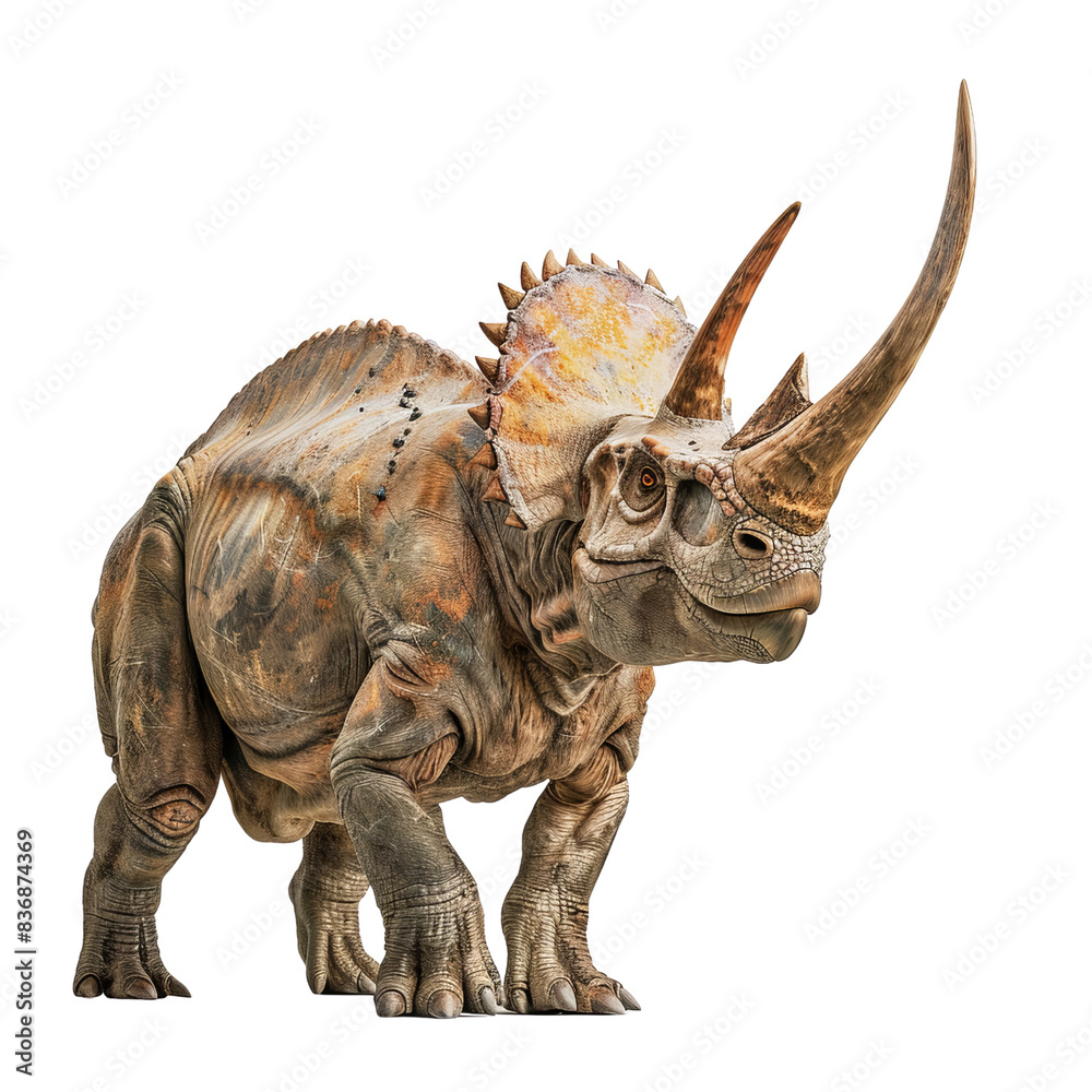 Fototapeta premium Realistic depiction of a Triceratops dinosaur standing on white background, showcasing detailed features and horns.