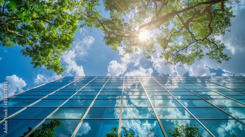 Looking up at a skyscraper  its glass facade reflecting the sun and clouds  a lone green tree stands at its base  symbolizing the harmony between nature and modern architecture in an eco-friendly