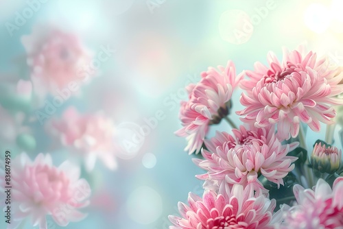 Pink chrysanthemum flowers on pastel background with copy space for text, floral border frame banner template border design nature concept. Blurred spring background