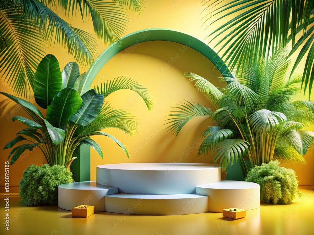 Modern Round Podium for Product Display with Tropical Plants and Vibrant Yellow Background, Perfect for Showcasing Cosmetics, Jewelry, or Tech Gadgets in a Stylish and Contemporary Setting Modern Round Podium for Product Display with Tropical Plants and Vibrant Yellow Background, Perfect for Showcasing Cosmetics, Jewelry, or Tech Gadgets in a Stylish and Contemporary Setting