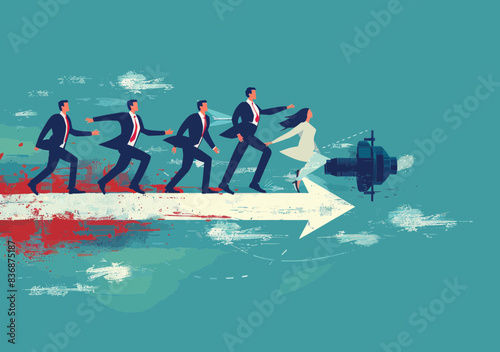 Dynamic Business Team Riding Arrow Towards Success - Conceptual Illustration of Teamwork, Leadership, and Growth