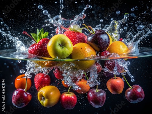 Many fruits falling into water against black background.