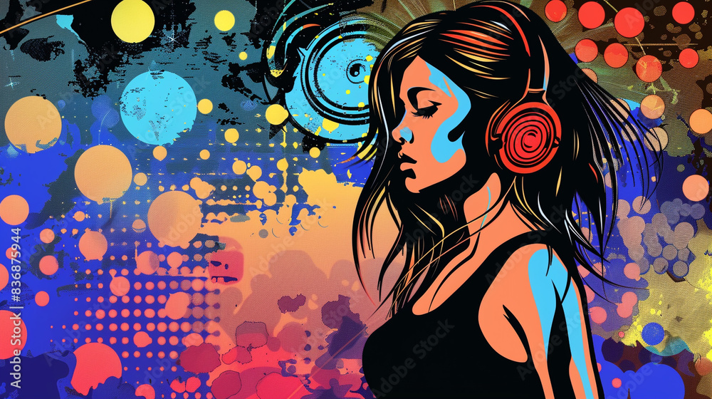 girl with headphones, vivid colours, pop art style dj theme
