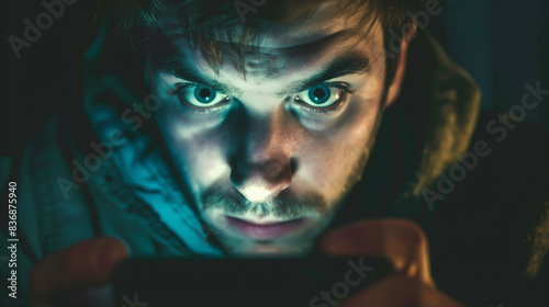 Man intensely looking at his smartphone in a dark setting. photo