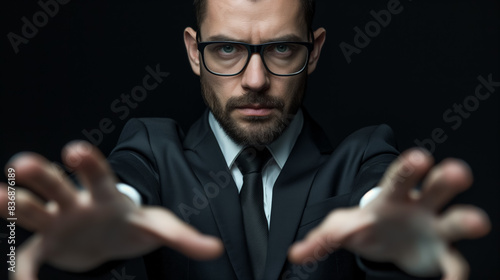 Serious man in a suit, wearing glasses, reaching out with both hands towards the camera, set against a dark background. © RISHAD