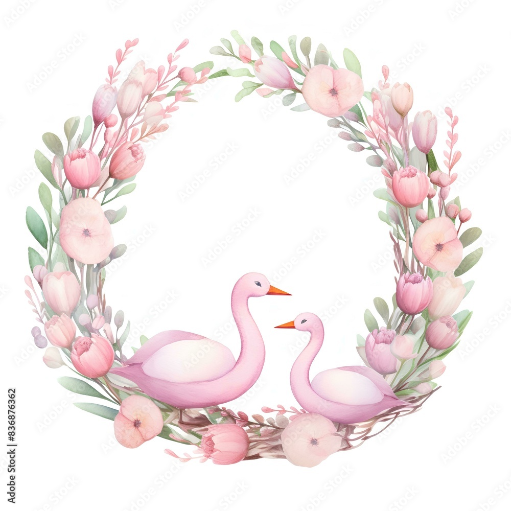 Obraz premium A cute pastel wreath swan watercolor painting texture, Perfect for nursery art and children's book illustration style, simple, cute, full color, clipart