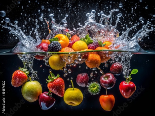 Fototapeta Naklejka Na Ścianę i Meble -  Many fruits falling into water against black background.