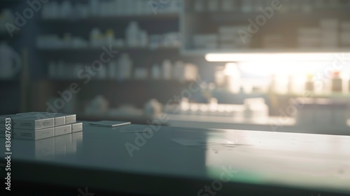Hospital pharmacy counter, close-up with fog, no people, dim evening lighting 