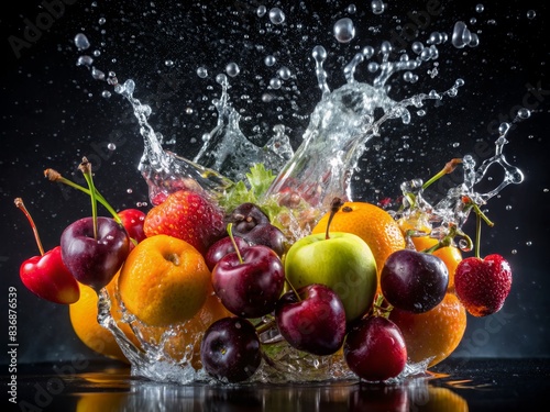Many fruits falling into water against black background.