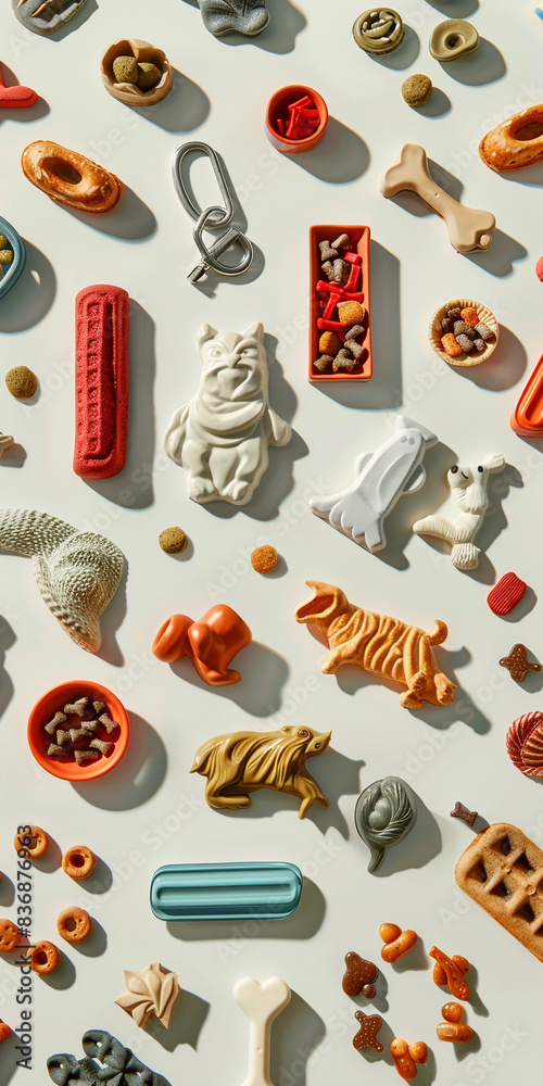 Pet accessories and food of different shapes, arranged on a light isolated background Pet accessories and food of different shapes, arranged on a light isolated background