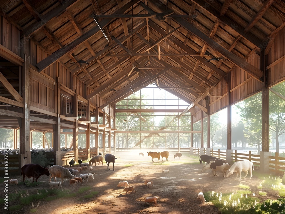 Fototapeta premium Peaceful Open Barn with Freely Roaming Animals in Scenic Rural Countryside Landscape