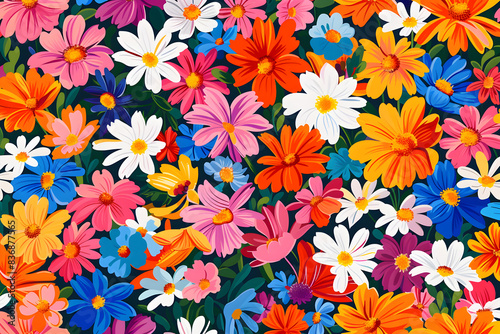 Bright and Colorful Floral Explosion with Various Blooms on Dark Background