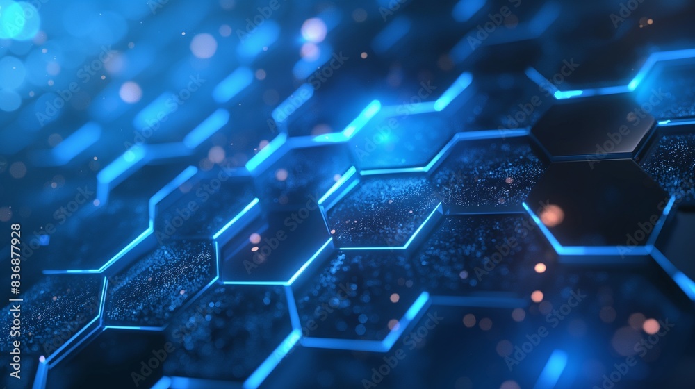 Obraz premium Blue background featuring hexagonal shapes and glowing lights, representing technology or science. A sleek and modern design perfect for tech or scientific themes.