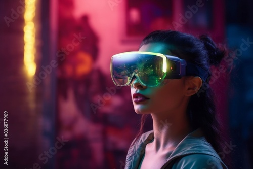 futuristic young woman in vr environment with smart glasses photo