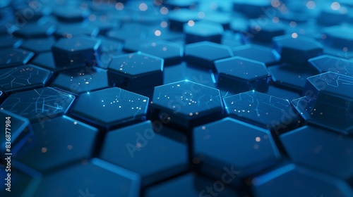Blue background featuring hexagonal shapes and glowing lights, representing technology or science. A sleek and modern design perfect for tech or scientific themes.