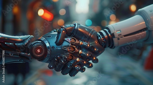 Two robotic hands shaking in a futuristic city street, representing unity, technology, and advancement.