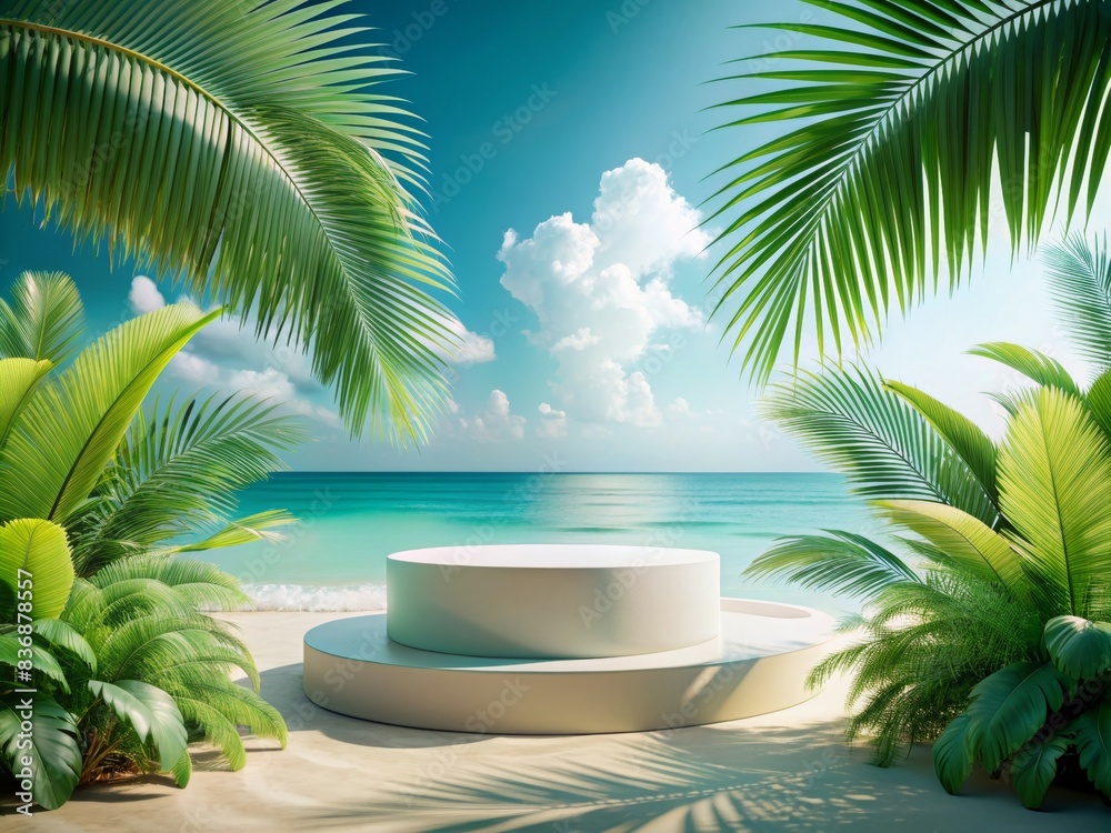 Tropical Beach Round Podium for Product Display with Palm Leaves and Ocean Background, Ideal for Summer and Vacation Themes, Perfect for Advertising, Marketing, and Presentation Purposes Tropical Beach Round Podium for Product Display with Palm Leaves and Ocean Background, Ideal for Summer and Vacation Themes, Perfect for Advertising, Marketing, and Presentation Purposes