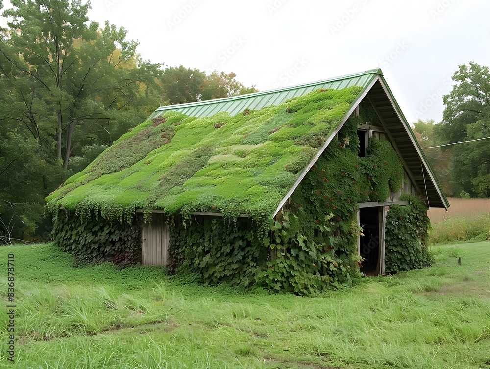Obraz premium Abandoned Barn with Lush Green Roof Covered in Native Plants