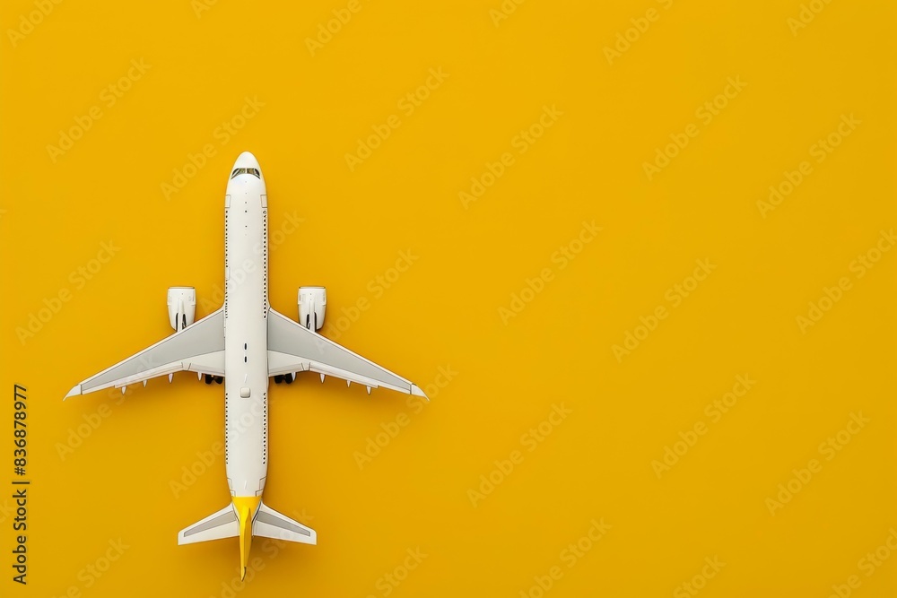 Aerial view of a white airplane model against a vibrant yellow backdrop, with copy space
