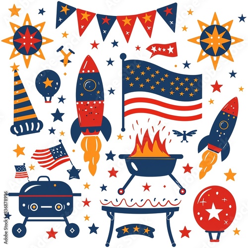 Festive patriotic illustration featuring rockets, fireworks, American flags, and barbeque grills, perfect for Independence Day celebrations.