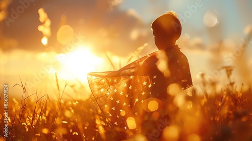 Silhouette of person standing in a field during sunset, wrapped in a shawl with bokeh effect and golden hour lighting. photo