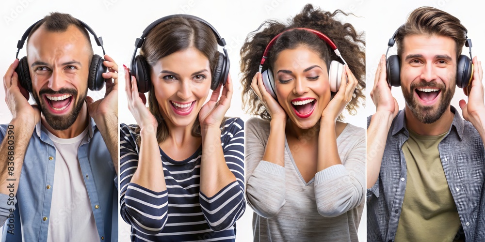 Group of Diverse Young Adults Enjoying Music with Headphones, Smiling and Laughing, Isolated on White Background, Expressing Joy and Happiness, Listening to Music Together, Studio Shot Group of Diverse Young Adults Enjoying Music with Headphones, Smiling and Laughing, Isolated on White Background, Expressing Joy and Happiness, Listening to Music Together, Studio Shot