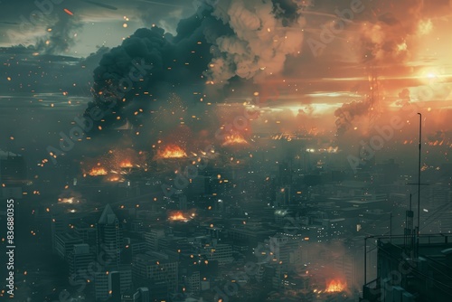 Dramatic apocalyptic cityscape with explosions. Flames. Smoke. And destruction at sunset