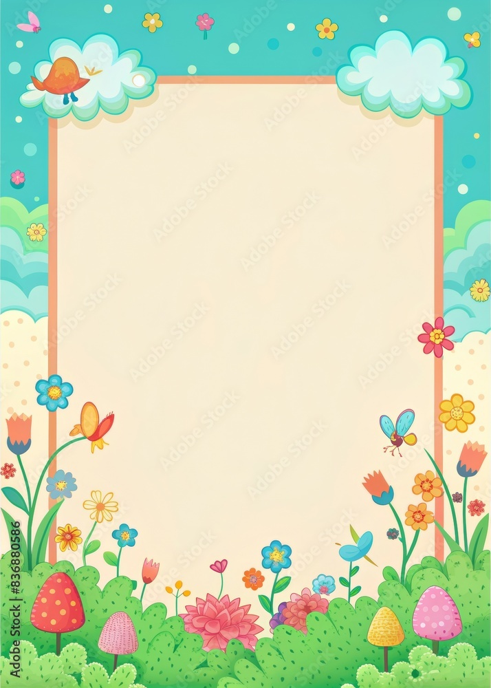Colorful Cartoon Nature Background with Flowers, Clouds, and Birds - Perfect for Children's Books, Invitations, and Posters Colorful Cartoon Nature Background with Flowers, Clouds, and Birds - Perfect for Children's Books, Invitations, and Posters