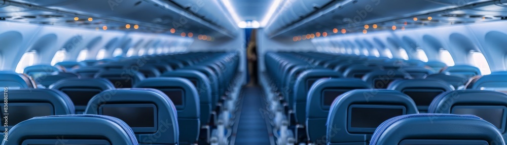Fototapeta premium Closeup of the empty seats and aisle of a commercial airliner, emphasizing the quiet and solitude of early morning flights